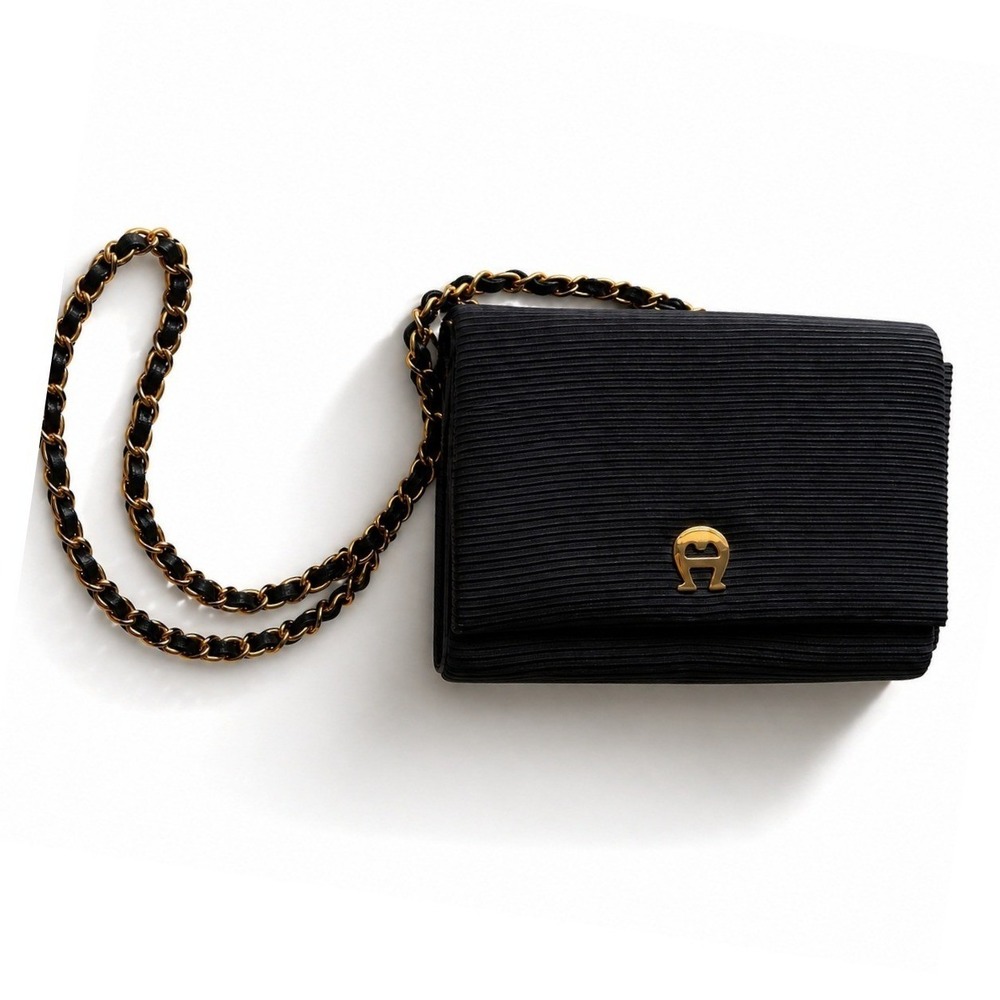 Vintage Etienne Aigner Black Leather Shoulder Bag Gold Chain Shoulder